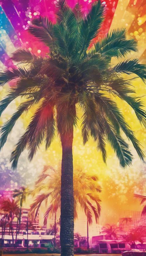 Un rendu artistique de style années 1970 d’un palmier entouré de couleurs vives et lumineuses.
