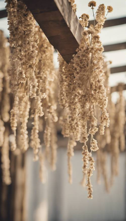 Dried beige flowers hanging upside down from a wooden beam.