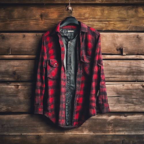 Red plaid lumberjack shirt hanging on an old wooden barn door.