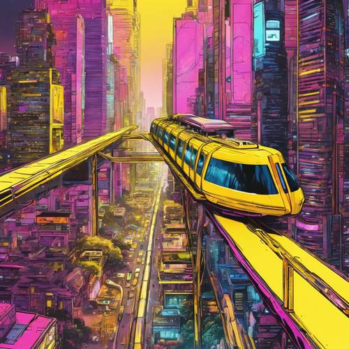 미래 지향적인 노란색 모노레일이 빛나는 광고판으로 뒤덮인 고층 빌딩을 지나갑니다.