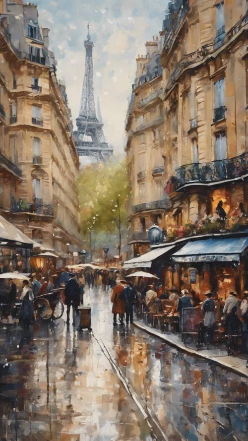 Impresjonistyczny obraz tętniącej życiem paryskiej ulicy z XIX wieku.