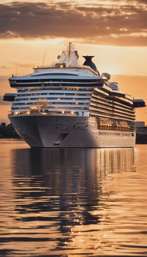 A cruise ship sailing at sunset, its white hull gleaming gold in the twilight. Ფონი [06a47f03703c47a682b3]