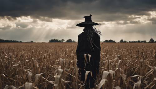 A silhouette of a scarecrow with tattered black clothing in a deserted cornfield under a stormy sky. Шпалери [f419a72c6eca41548e1c]