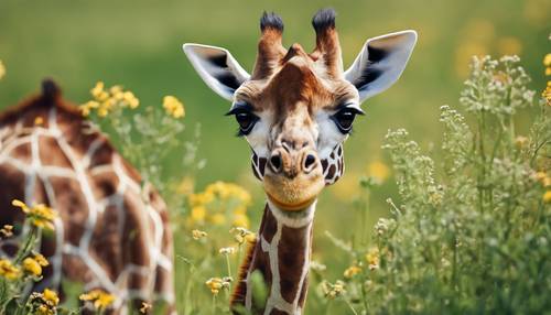 Un adorabile cucciolo di giraffa con grandi occhi innocenti che gioca tra i fiori di campo in un campo verde lussureggiante.