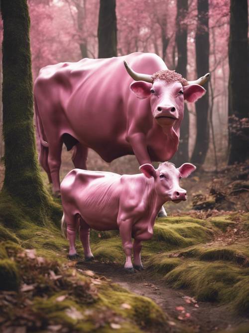 Uma cena de um conto de fadas representando uma enorme vaca rosa em uma floresta mágica.