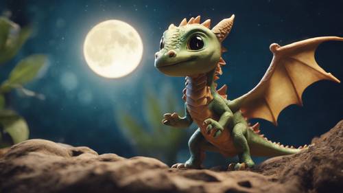 A captivating baby dragon under the moonlight, its tiny wings outspread, ready to take flight.