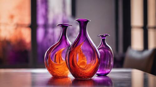 Dua vas kaca buatan tangan yang indah, satu berwarna ungu sejuk dan satu lagi berwarna oranye menyala.