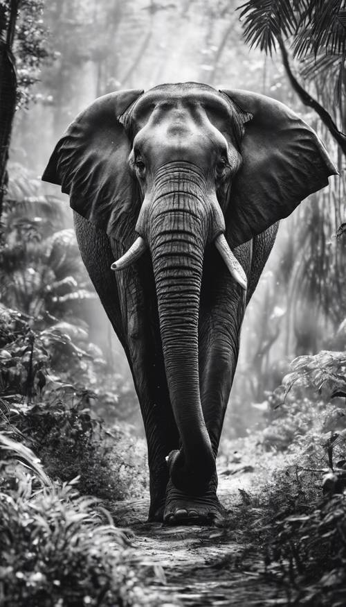 A monochrome sketch of an elephant walking through a lush jungle.