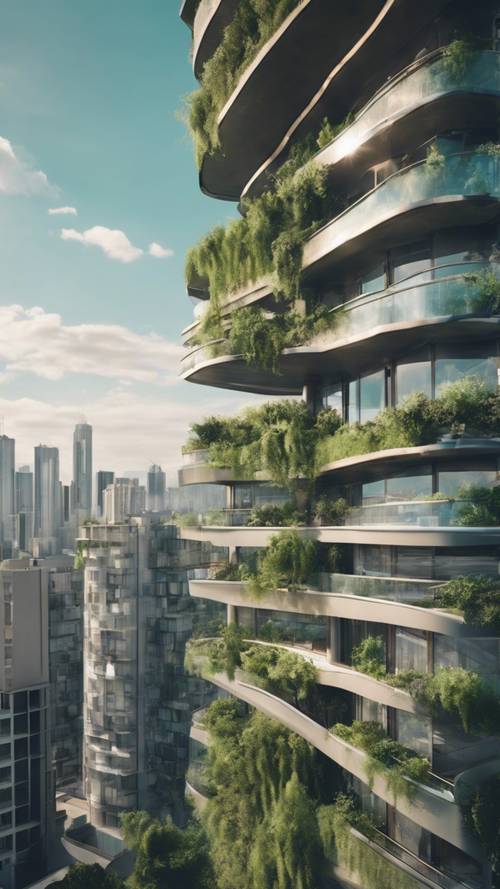 Futuristische Hochhauswohnungen mit atemberaubender Aussicht auf die Skyline der Stadt und grünen Dächern.