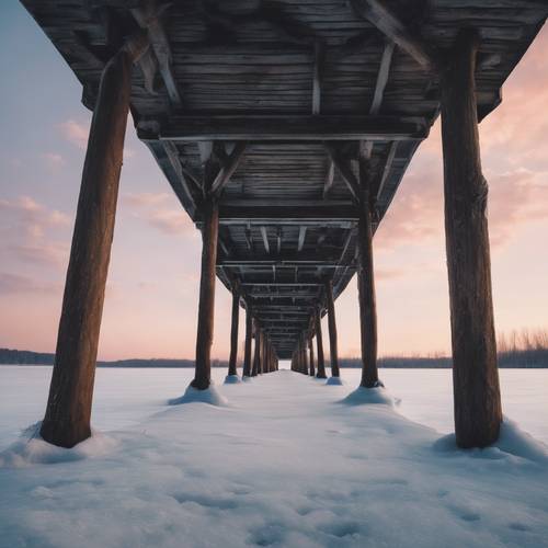 A winter pier extending into a frozen lake under a soft hued evening sky. Ფონი [0045f114b5d9471b8356]