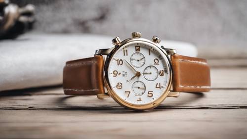 Um elegante relógio Preppy de couro marrom claro sobre uma mesa rústica branca.
