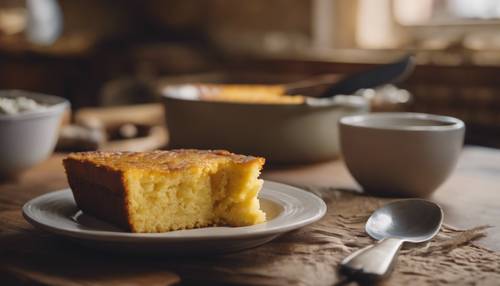 O pão de milho especial da mamãe, saído diretamente do forno, sobre uma mesa de cozinha rústica, pronto para uma refeição farta de Ação de Graças.