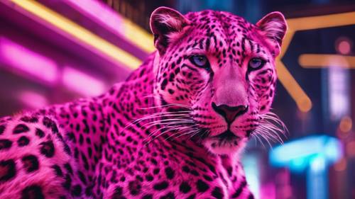 An exotic pink leopard against the backdrop of a neon, futuristic city.