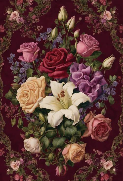 Ein viktorianischer Blumenteppich mit einer Reihe von Rosen, Lilien und Veilchen, die auf einem samtig dunklen Burgunderhintergrund ineinander verschlungen sind.