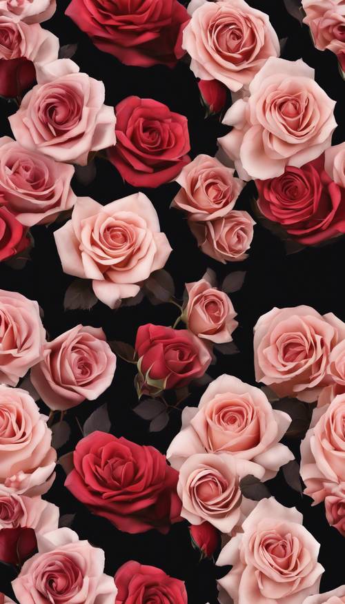 Pola mawar merah kemerahan tersebar di gaun satin hitam.