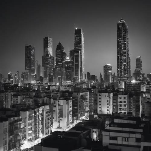 Pemandangan kota bertema skala abu-abu dengan gedung-gedung tinggi di bawah langit cerah di tengah malam&quot;.