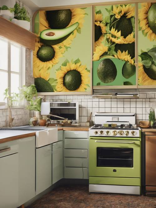 Una cocina de los años 70 con electrodomésticos de color verde aguacate y estampados de girasoles de gran tamaño