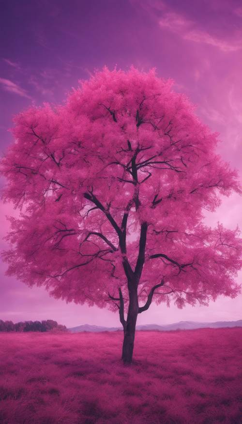 Un paysage surréaliste où les arbres ont des feuilles roses sous un ciel violet.