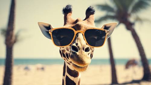 Zabawna, minimalistyczna kreskówka przedstawiająca uśmiechniętą żyrafę w okularach przeciwsłonecznych cieszącą się słonecznym dniem na plaży.