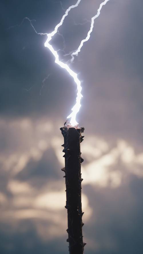 A high-speed photograph of a jagged bolt of blue lightning against a cloudy sky.