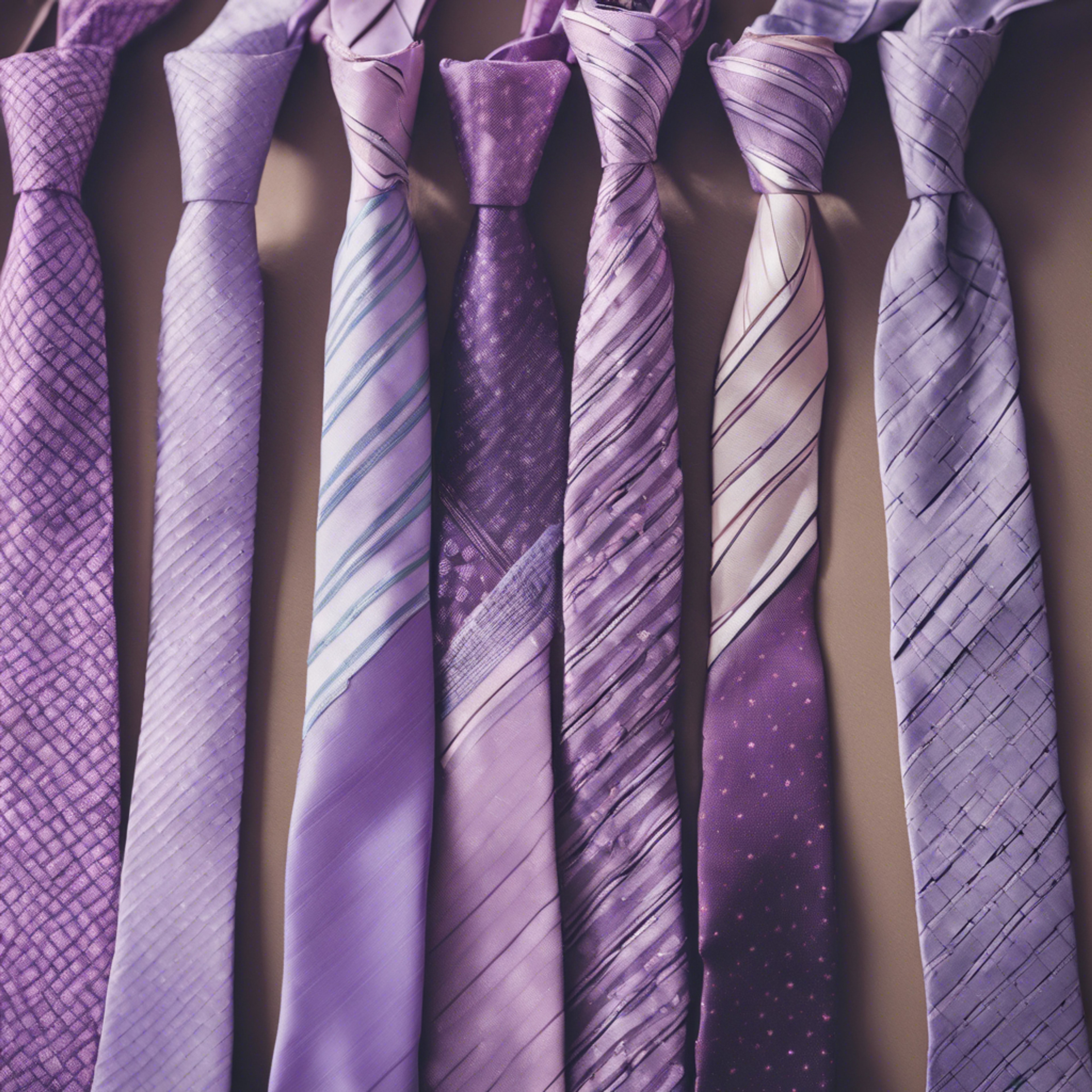 An array of preppy lilac ties, neatly arranged in a bright retail clothing store.壁紙[7f22e8295f7a42fc88bd]