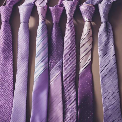 Szereg eleganckich liliowych krawatów, starannie ułożonych w jasnym sklepie odzieżowym.