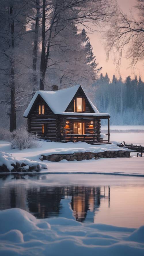 Деревенский бревенчатый домик с видом на тихое замерзшее озеро, окруженное заснеженными деревьями под сумеречным небом.