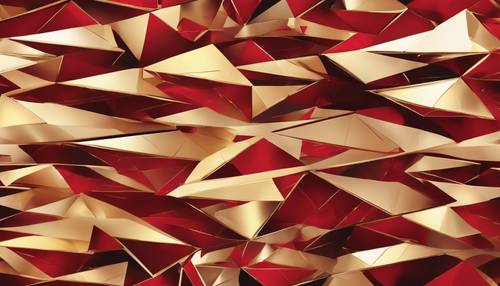 Abstract geometric patterns using red triangles and golden squares in a seamless design.
