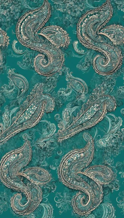 A seamlessly repeating pattern of dark and light teal paisley designs.