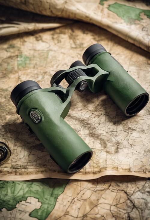 Green camo painted binoculars on top of a dusty map.