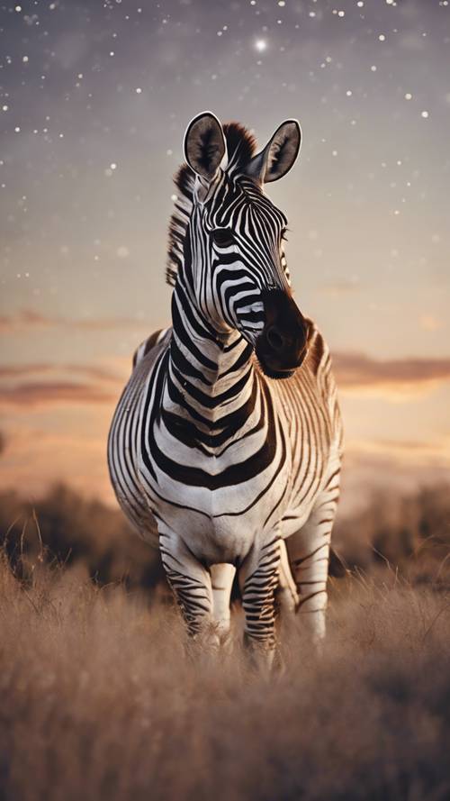 Seekor zebra berdiri melawan cahaya redup langit berbintang.