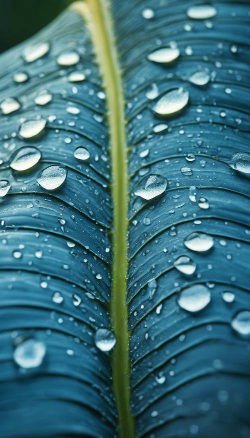 A bright blue banana leaf having dew drops on the surface under a clear morning sky.