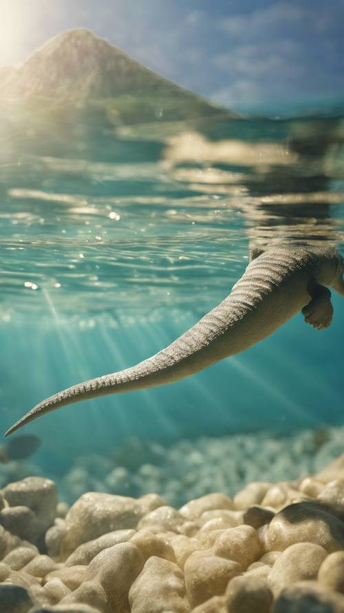 A baby Plesiosaur peeking cutely out of a crystal-clear lake under the midday sun.