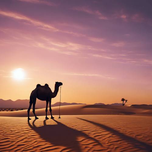 沙漠景观沐浴在暮色中，一只骆驼的剪影映衬着落日的余晖。