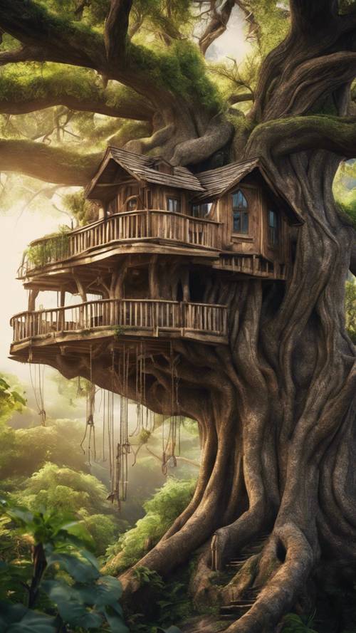 Une cabane mystique nichée dans un gigantesque arbre ancien dans un rêve.