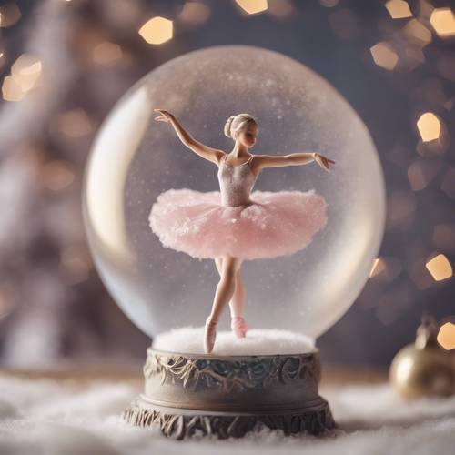 Elegante pastellfarbene Weihnachtsballerinafigur, die anmutig auf einer zarten Schneekugel wirbelt.