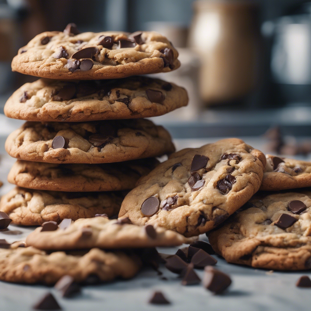 A stunning painting of a pile of freshly baked chocolate chip cookies on a kitchen counter. 牆紙[4a399e3d97db4faa9c93]