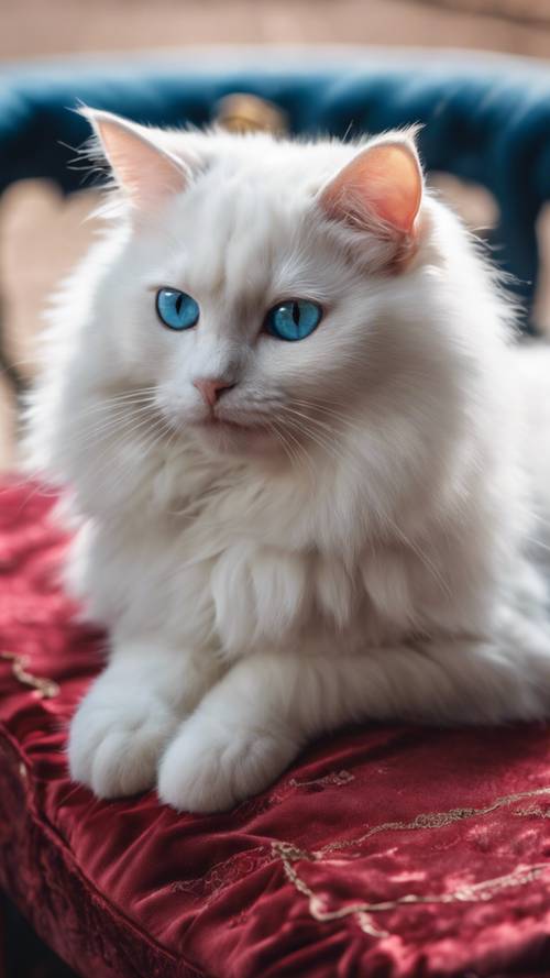 A young white cat with blue eyes sitting on a red velvet cushion.