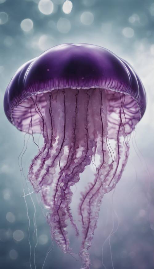 A plum jellyfish floating peacefully in a sea shaded in lighter tones of purple.