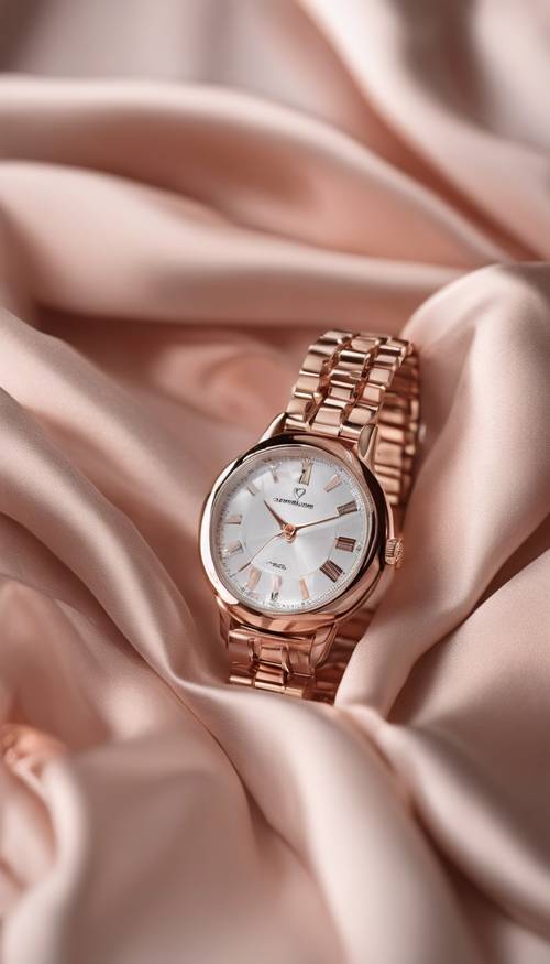 Elegancki zegarek w kolorze różowego złota leżący na miękkiej jedwabnej tkaninie.