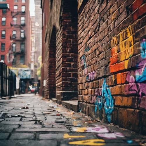고풍스러운 벽돌 벽을 생동감 넘치는 그래피티로 뒤덮은 뉴욕의 골목길.