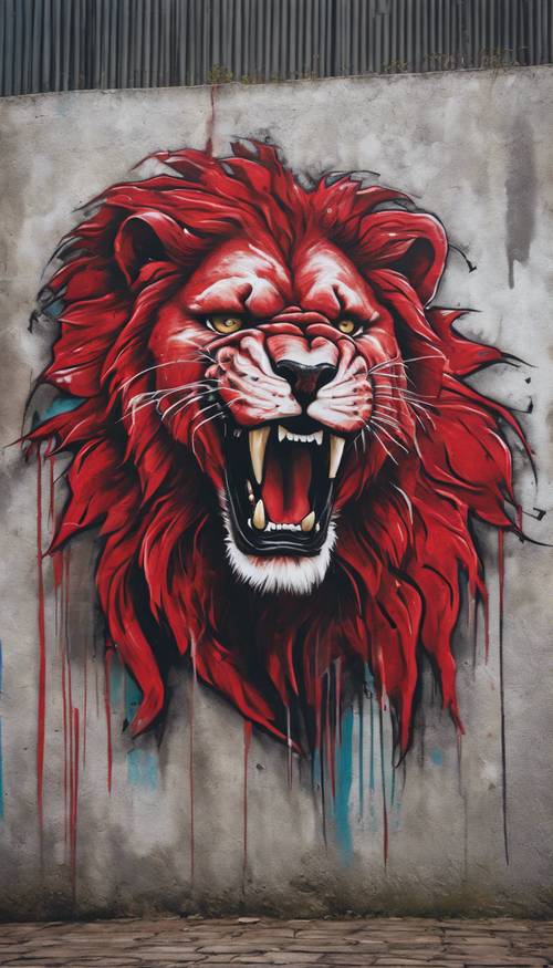 Un&#39;opera d&#39;arte con graffiti a tema rosso raffigurante un leone ruggente su un muro di cemento.
