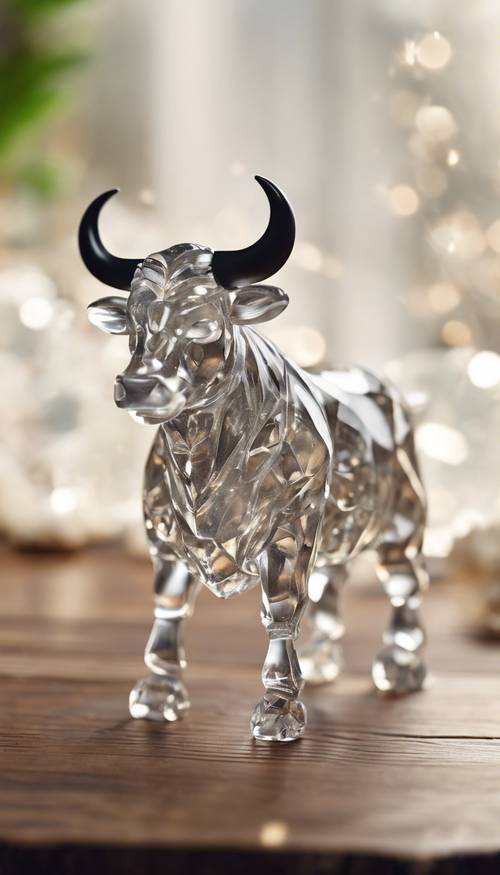 A cute Taurus figurine made from crystal on a wooden table.