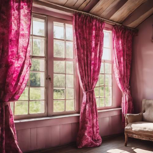 ผ้าม่านลายดอกไม้สีชมพูร้อนตัดกับหน้าต่างที่มีแสงแดดสดใสในบ้านในชนบทแบบชนบท