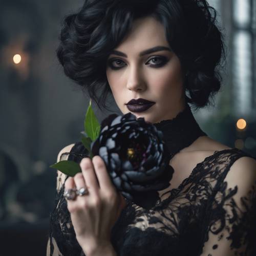 Sebuah mahakarya gotik yang memperlihatkan seorang wanita anggun dengan acuh tak acuh menyematkan bunga peony hitam ke rambut hitamnya.