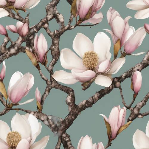 Szczegółowa ilustracja botaniczna przedstawiająca gałąź magnolii z kwitnącymi i więdnącymi kwiatami.