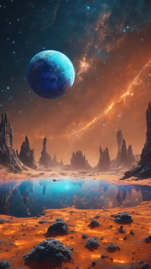 Un gran planeta azul frío visible en medio de una nebulosa naranja en el espacio.