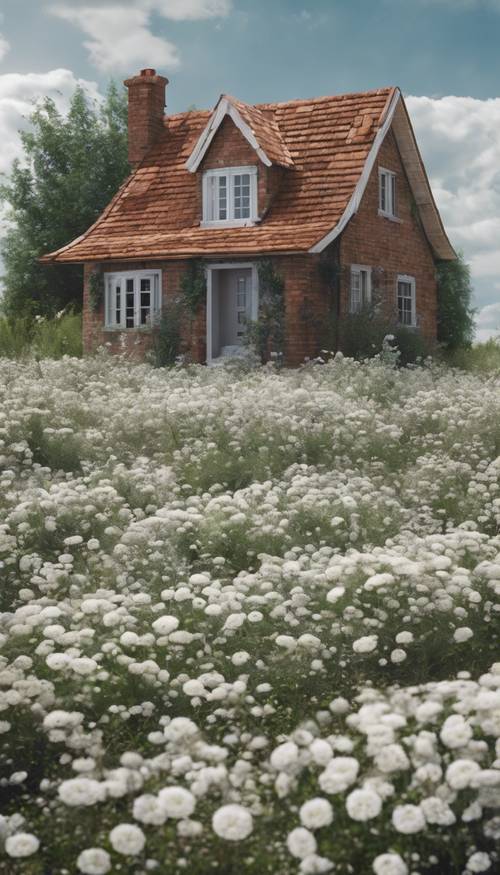 Pemandangan lanskap yang menampilkan rumah bata kecil yang dikelilingi oleh ladang bunga putih dan abu-abu.