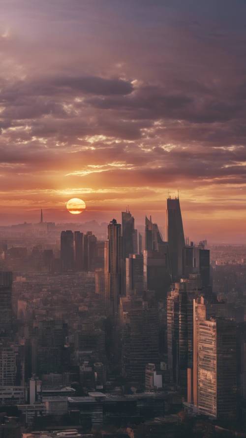 A panoramic view of the sun disappearing behind a magnificent city skyline at dusk.