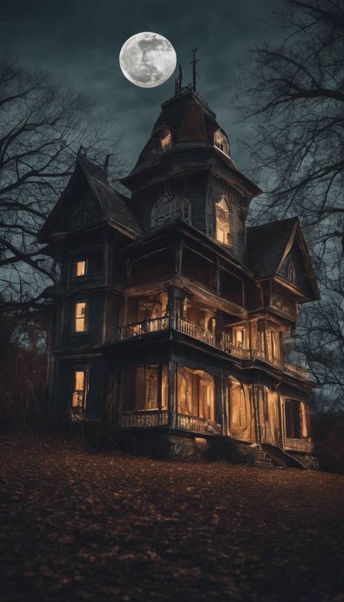 A hauntingly beautiful haunted house lit by a full moon on a crisp Halloween night.